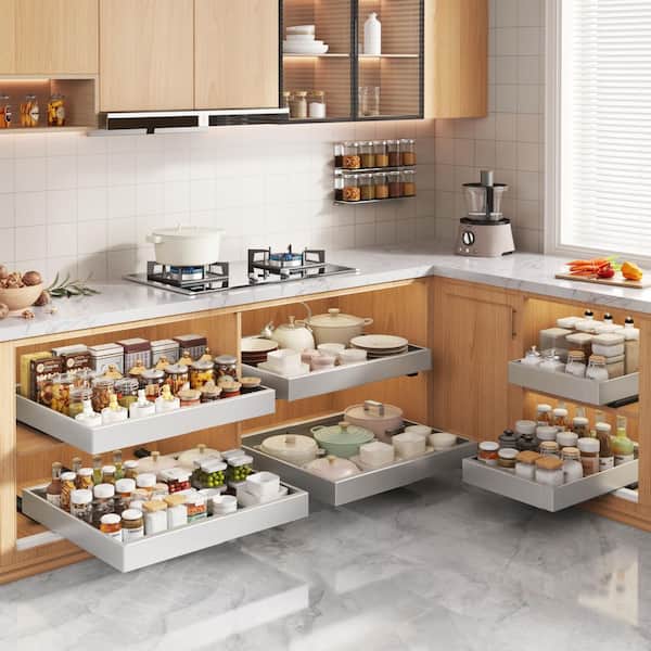 2 Pack Adjustable Pull Out Cabinet Organizer with Raising Pads, 3-Slide Rails and Roll Out Shelves Adhesive, Silver