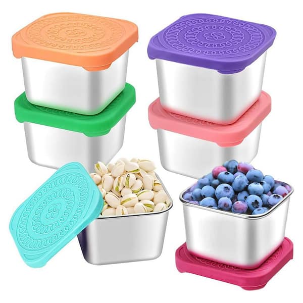 Adrinfly 6-Pack 6oz. Stainless Steel Snack Containers w/ Silicone Lids Leak Proof Stackable Metal Lunch Box for Kids Food Storage