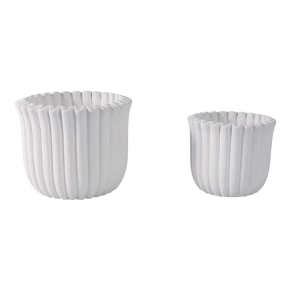 6 in. and 8 in. White Ceramic Fluted Decorative Pots (Set of 2)