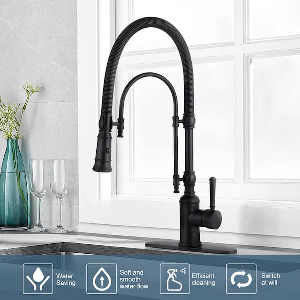 2-Functions Single Handle Gooseneck Pull Down Sprayer Kitchen Faucet with Spring Tube in Solid Brass Matte Black