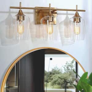 Modern Circle Bathroom Vanity Light 3-Light Brass Gold Round Powder Room Wall Sconce Light with Clear Glass Shades