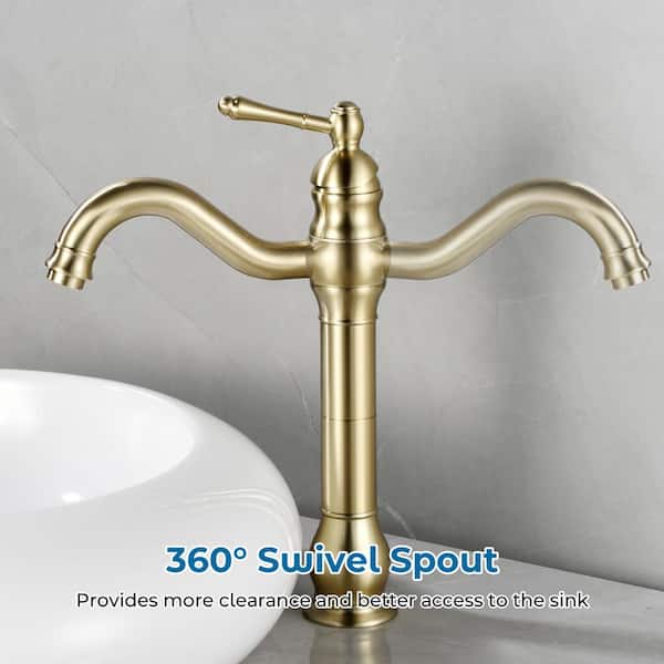 Single Hole Single Handle Waterfall Vessel Sink Faucet with Pop-Up Drain in Brushed Gold