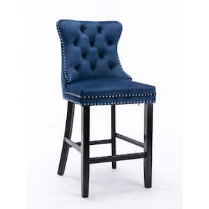 41.3 in. Blue High Back Velvet Upholstered Barstools Bar Chairs with Button Tufted and Chrome Nailhead Trim (Set of 2)