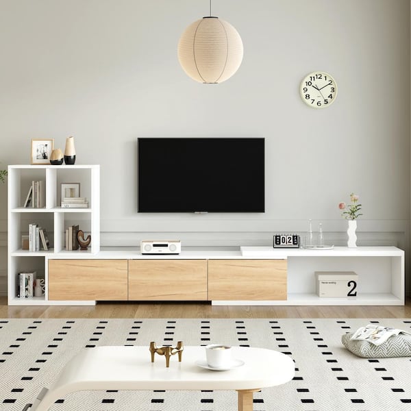 Clihome White TV Stand Extendable Adjustable Entertainment Center Fits TV's up to 110 in. with 3 Tier Bookshelves