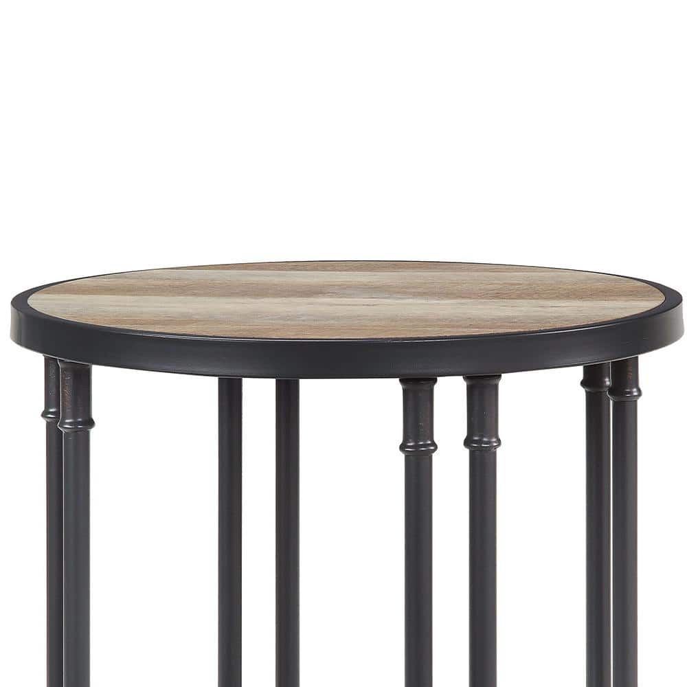 Modern Farmhouse Round Oak & Sandy Black End Table with Glass Shelf