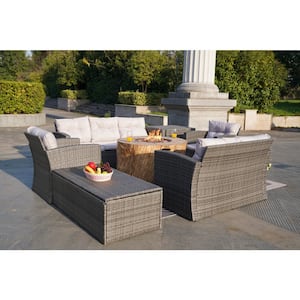 Mabs 7-Piece Wicker Patio Conversation Set with Fire Pit and Beige Cushions