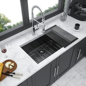 23 in. Undermount Single Bowl 16-Gauge Gunmetal Black Stainless Steel Kitchen Sink with Bottom Grids