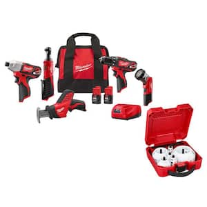 M12 12V Lithium-Ion Cordless Combo Kit (5-Tool) with Two 1.5Ah Batteries, Charger, Tool Bag with Hole Saw Set (28-Piece)