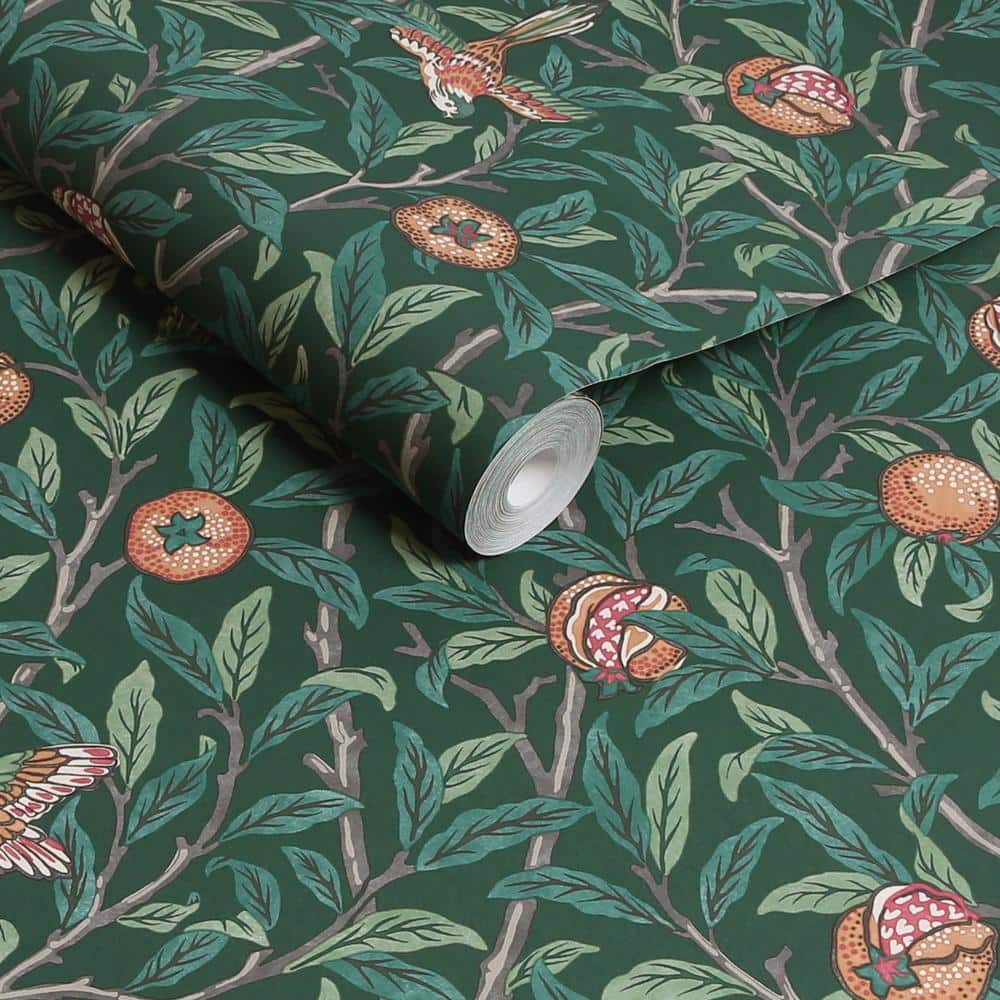 Deep Green Bird and Pomegranate Wallpaper Roll