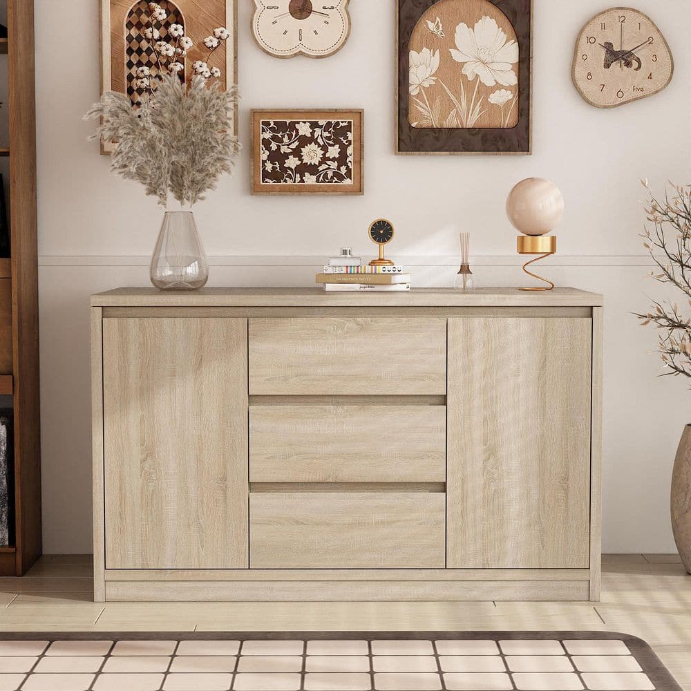 FUFU&GAGA Light Oak Wood Top 55.1 in. Sideboard with Hidden