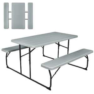 54 in. L Rectangular Steel HDPE Weather-Resistant Foldable Outdoor Picnic Table Bench Set, Gray