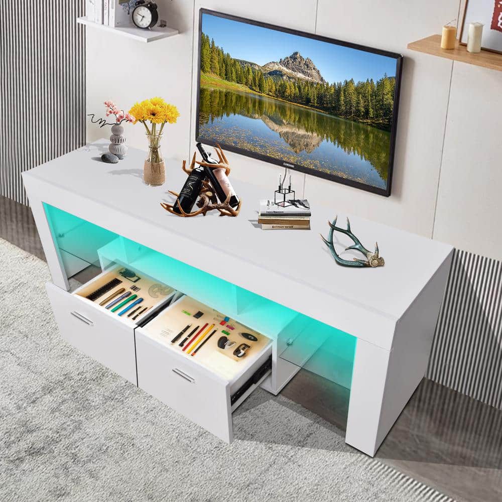 White Wood TV Stand with LED Lights and Storage for 75 inch TV