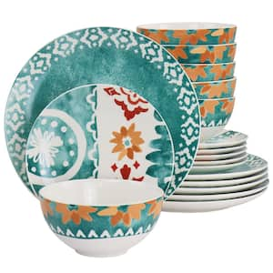 Savory Saffron 18 Piece Fine Ceramic Dinnerware Set in Decorated Teal