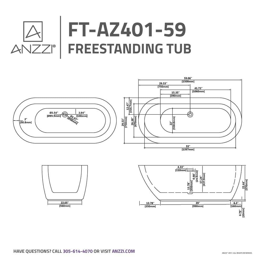 Ami 59" Glossy White Acrylic Freestanding Bathtub