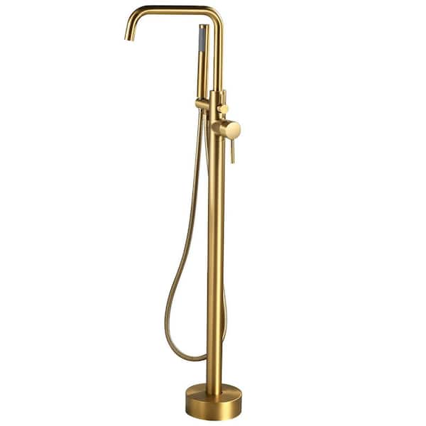 1-Handle Floor Mount Freestanding Tub Faucet Bathtub Filler with Hand Shower in Brushed Gold