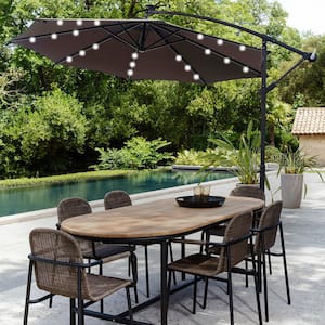10 ft. Hanging Offset Cantilever Patio Market 8 Ribs Umbrella with Base Stand LED Lighted in Brown