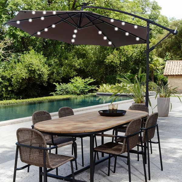 Tunearary 10 ft. Hanging Offset Cantilever Patio Market 8 Ribs Umbrella with Base Stand LED Lighted in Brown