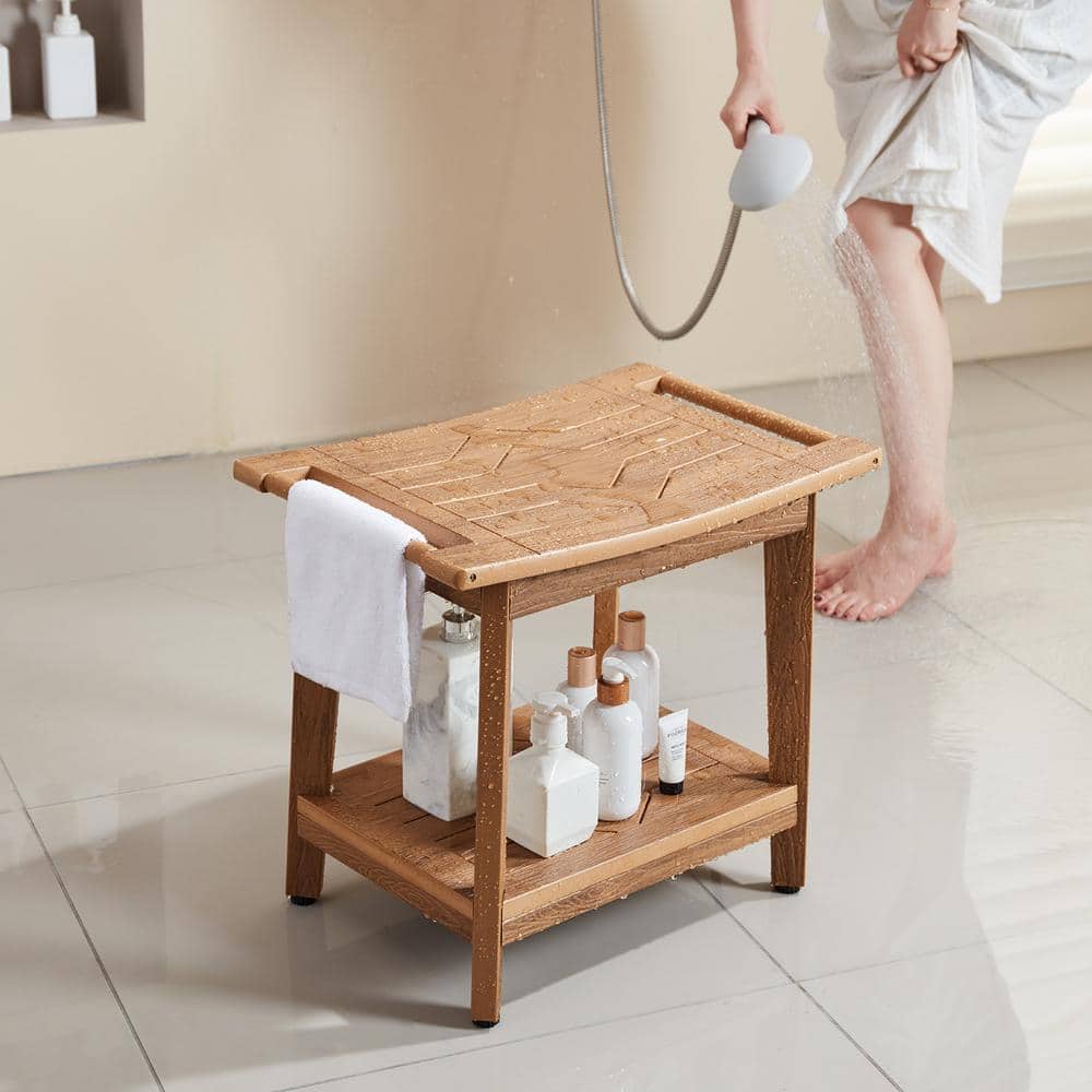 Bamboo and Wood Shower Bench with Shelf