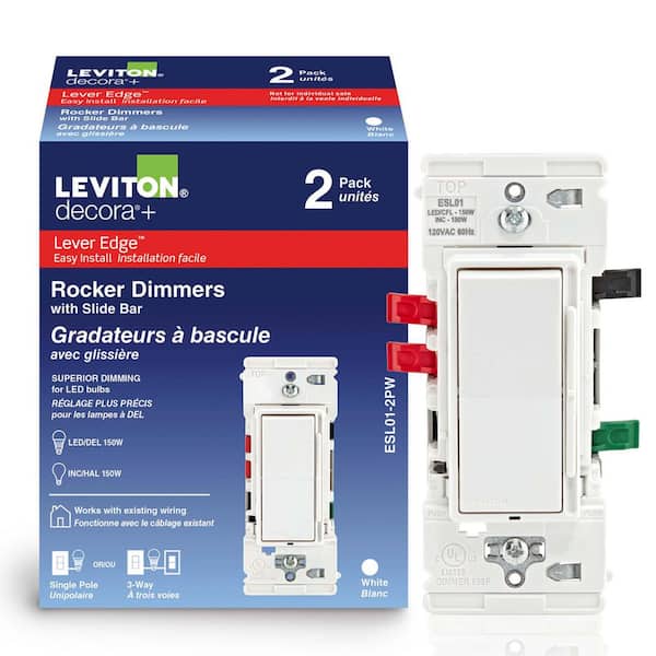 Decora Lever Edge Rocker Slide Dimmer Switch for LED/INC Bulbs, 150 Watt, Single Pole or 3-Way, White (2-Pack) ESL01-2PW
