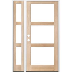 56 in. x 96 in. Modern Hemlock Right-Hand/Inswing 3-Lite Clear Glass Unfinished Wood Prehung Front Door w/Left Sidelite