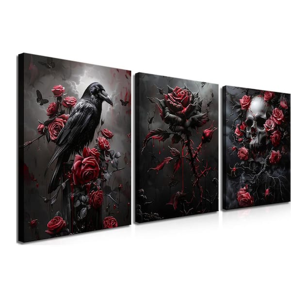 Unbranded 3-Piece Framed Gothic Canvas Set: Rose and Crow Skull Art, 16 x 24 in. Halloween Home Decor
