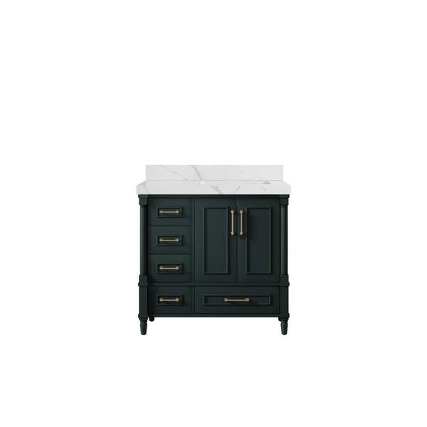 Willow Collections Hudson 36 in. W x 22 in. D x 36 in. H Right Offset Sink Bath Vanity in Dark Green with 2 in Calacatta Quartz Top