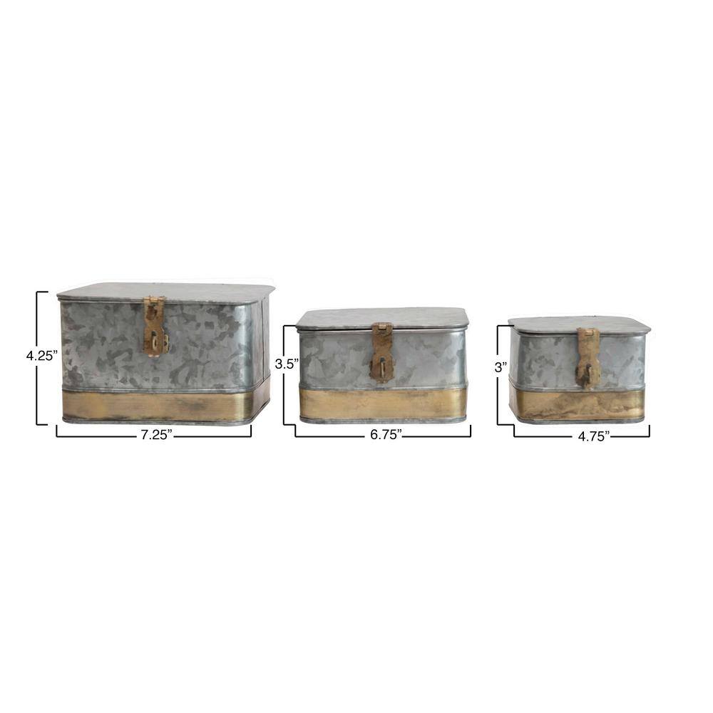 Rustic Galvanized Metal Lidded Storage Boxes with Brass Accents