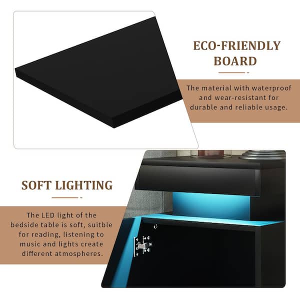 ULSMVOC Black Modern Nightstand with LED Lights, Bedside