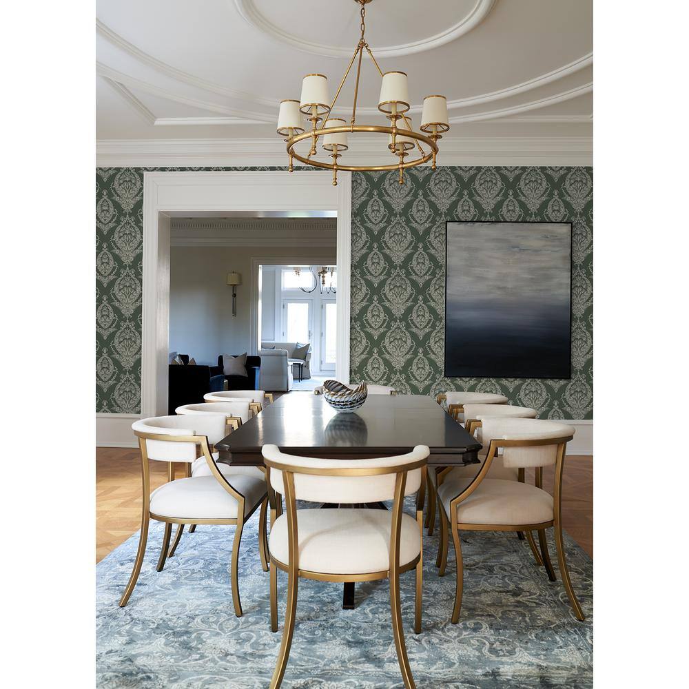 Evergreen and White Damask Non-Pasted Washable Wallpaper