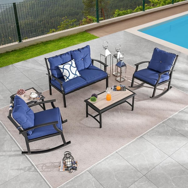 Patio Festival 5-Piece Metal Patio Conversation Set with Blue Cushions