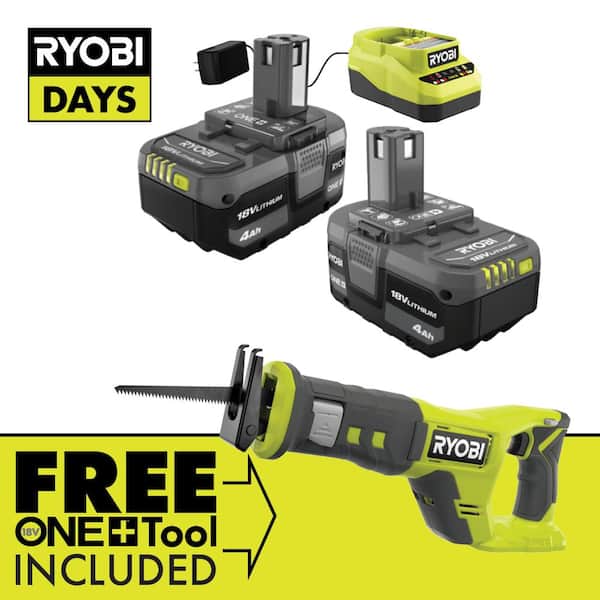 RYOBI ONE+ 18V Lithium-Ion 4.0 Ah Compact Battery (2-Pack) and Charger Kit with FREE Cordless ONE+ Reciprocating Saw