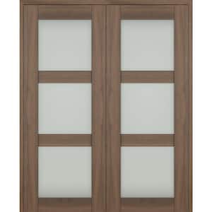 Vona 60"x 96" Both Active 3-Lite Frosted Glass Pecan Nutwood Wood Composite Double Prehung French Door