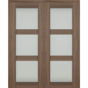 Vona 36''x 80'' Both Active 3-Lite Frosted Glass Pecan Nutwood Wood Composite Double Prehung French Door