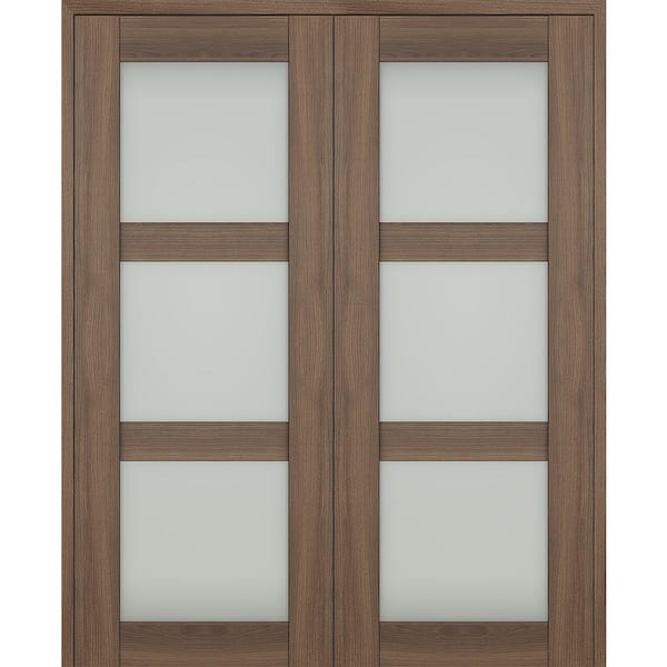 Vona 36"x 80" Both Active 3-Lite Frosted Glass Pecan Nutwood Wood Composite Double Prehung French Door
