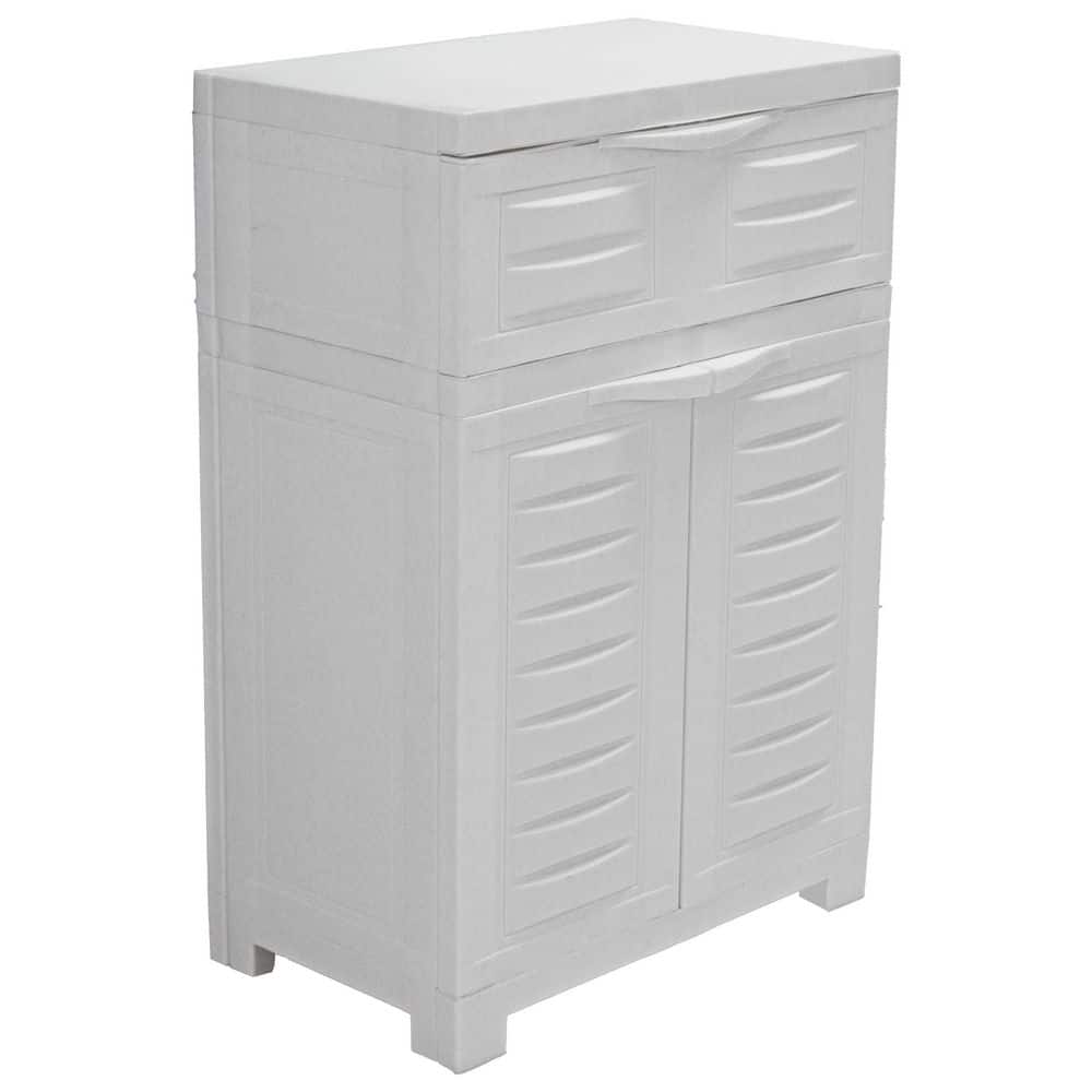 "23.5"" W x 34.5"" H x 13.75"" D Plastic Storage Freestanding Cabinet with Adjustable Shelf & Drawer in Speckled White" price history on PriceWatchPro