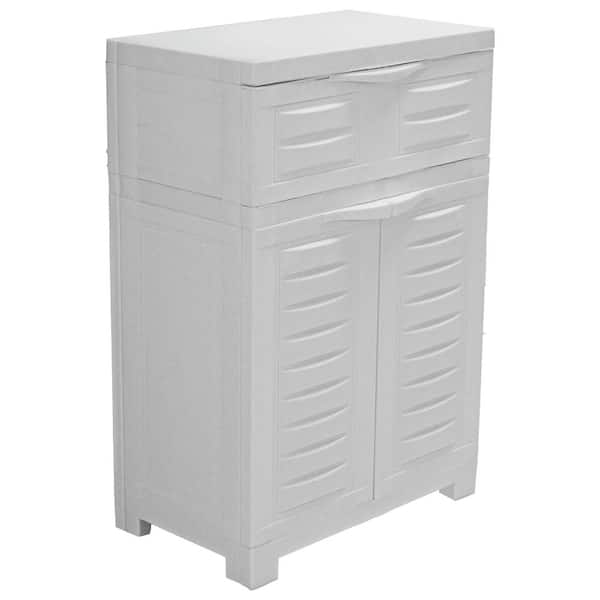 23.5" W x 34.5" H x 13.75" D Plastic Storage Freestanding Cabinet with Adjustable Shelf & Drawer in Speckled White