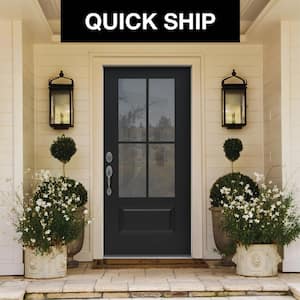 36 in. x 80 in. Right-Hand 4 Lite Clear Glass Black Painted Fiberglass Prehung Front Door with Brickmould