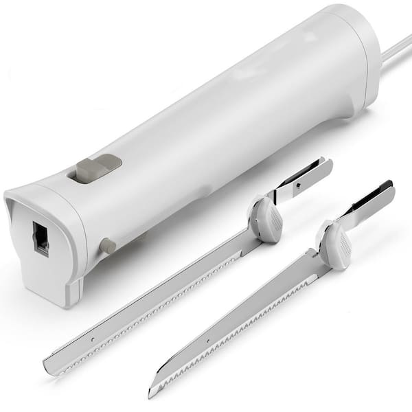 8 in. White Stainless Steel Electric Bread Knife with 4 Stainless Steel Blades, Safety Lock Switch for meat slicing