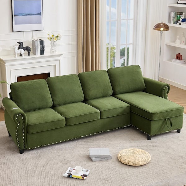 Ellsworth Modern 106.5 in. Green Polyester Fabric Upholstered Twin Size Storage L-Shaped Pull Out Sectional Sofa Bed