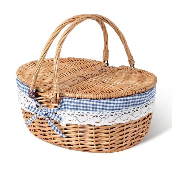 Blue Lining Natural Willow Picnic Basket with Lid and Handle, Storage Basket with Washable Lining and Dual-Flid Lid