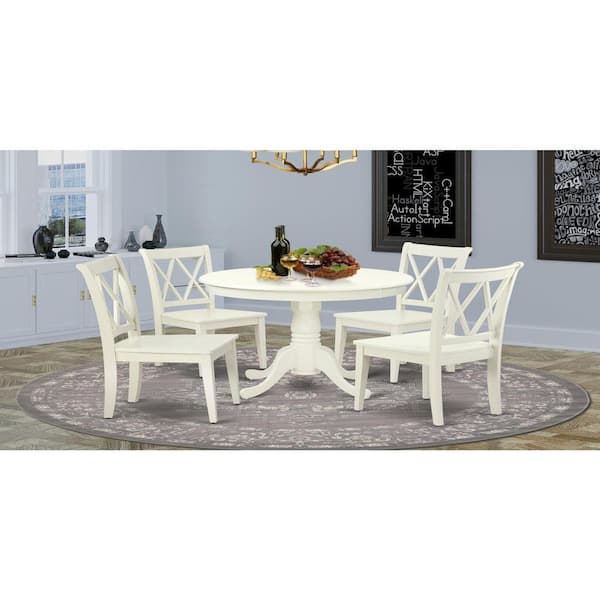 East West Furniture 5-Piece Round Linen White Finish Solid Wood Top Dining table with 4 Chairs with Cross Back