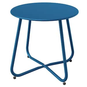 18 in. Peacock Blue Powder Coated Steel Round Side Table Outdoor Dining Table without Extension