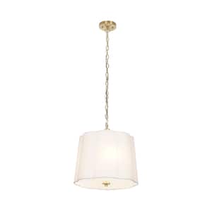 Jolie 60-Watt 3-Light Brushed Brass Shaded Pendant Light with White Scalloped Fabric Shade, No Bulbs Included