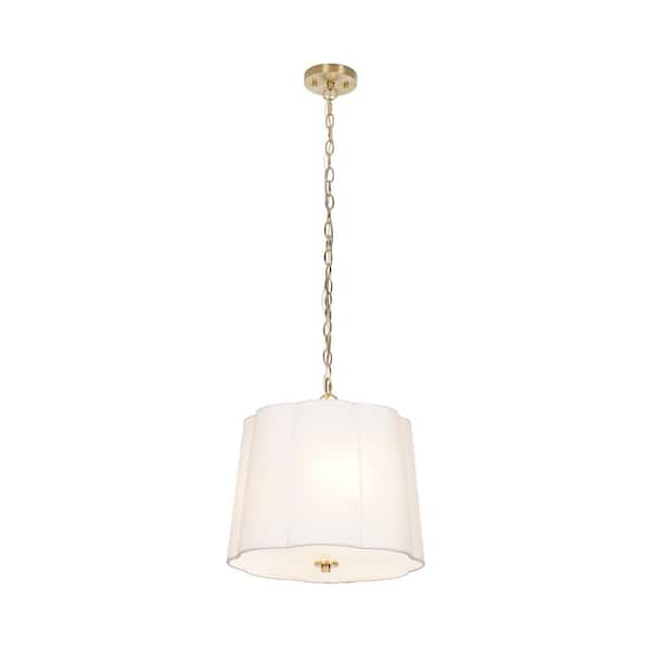 Alsy Jolie 60-Watt 3-Light Brushed Brass Shaded Pendant Light with White Scalloped Fabric Shade, No Bulbs Included