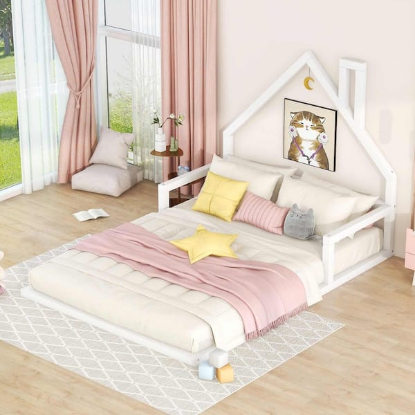 Polibi White Wood Frame Full Size Platform Bed with House-Shaped Headboard