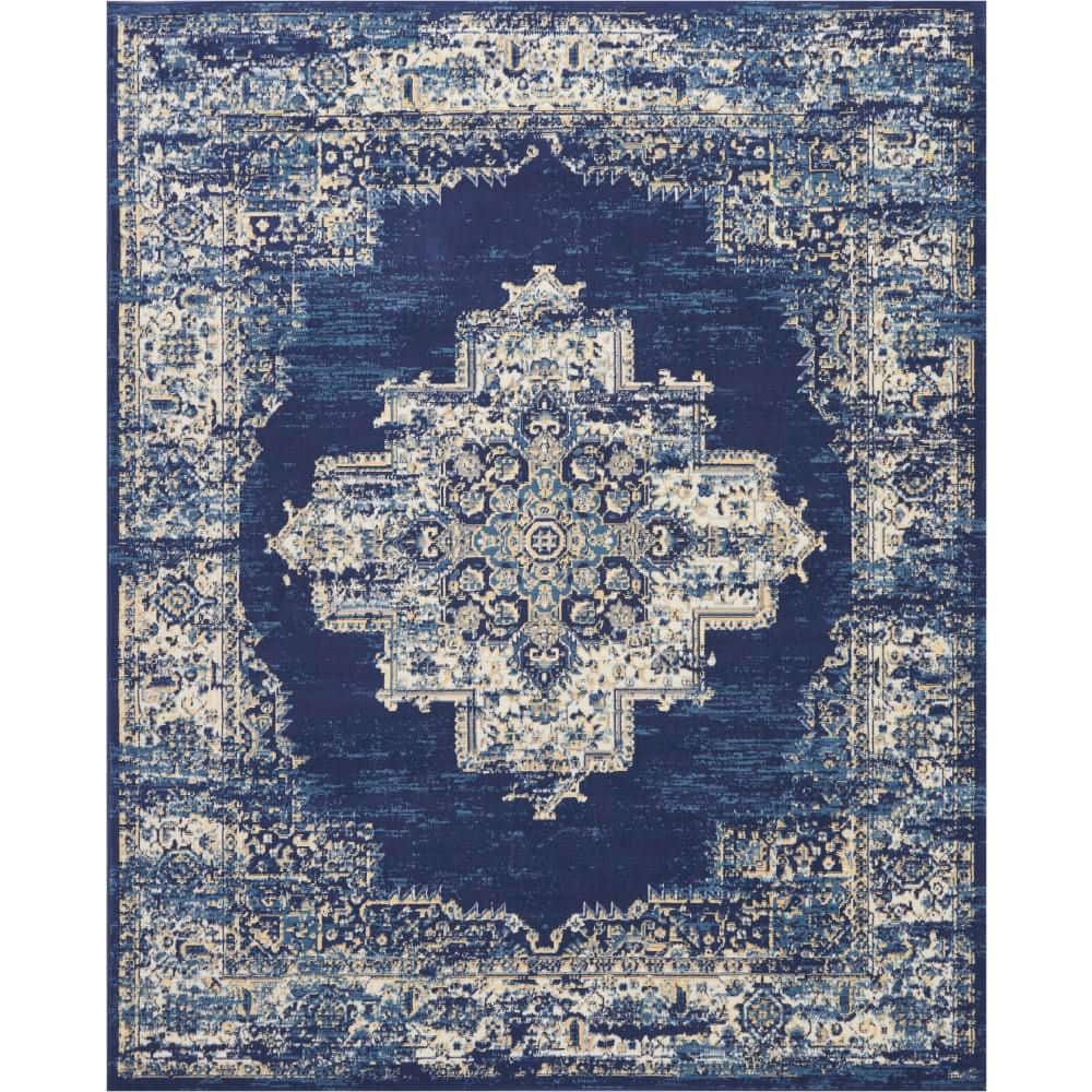 Navy Blue and Beige Medallion Synthetic 7' x 10' Area Rug