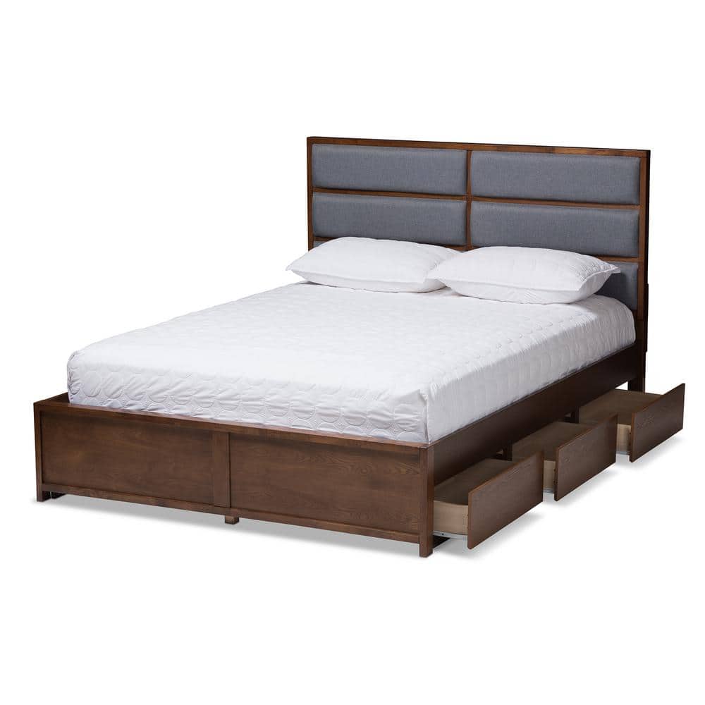 Walnut and Gray Upholstered Queen Storage Platform Bed with Drawers