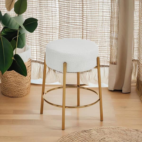 Noble House Gralis 23.81 in. H Beige Backless Metal Round Upholstered Bar Stools, Teddy Fabric, Set of 2