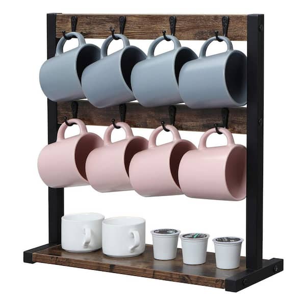 Numhew Vintage Dark Brown Mug Tree, Wooden Coffee Mug Holder Stand with Stable Wood Base and 16 Hooks