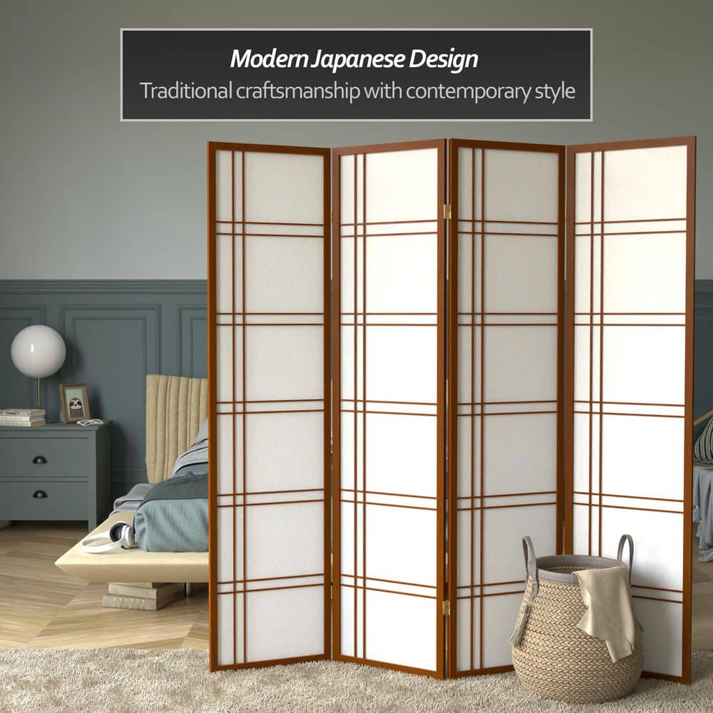 72" Tall Walnut Shoji Folding Screen with 4 Panels